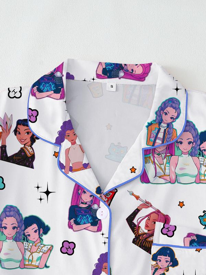 Women'S K-Pop Demon Hunter Tiger Pajama Set, Two-Piece Short Sleeve Button-Up Top & Shorts, Comfortable Home Wear, Netflix Fan Gift