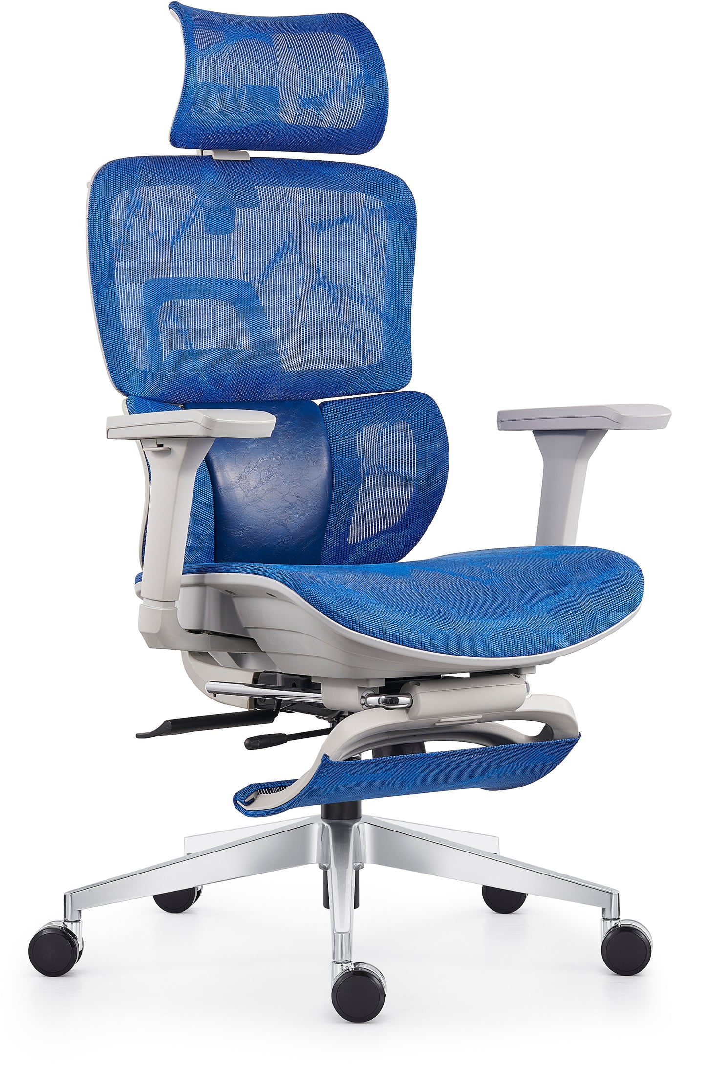 Blue ergonomic office chair with mesh design on a white background