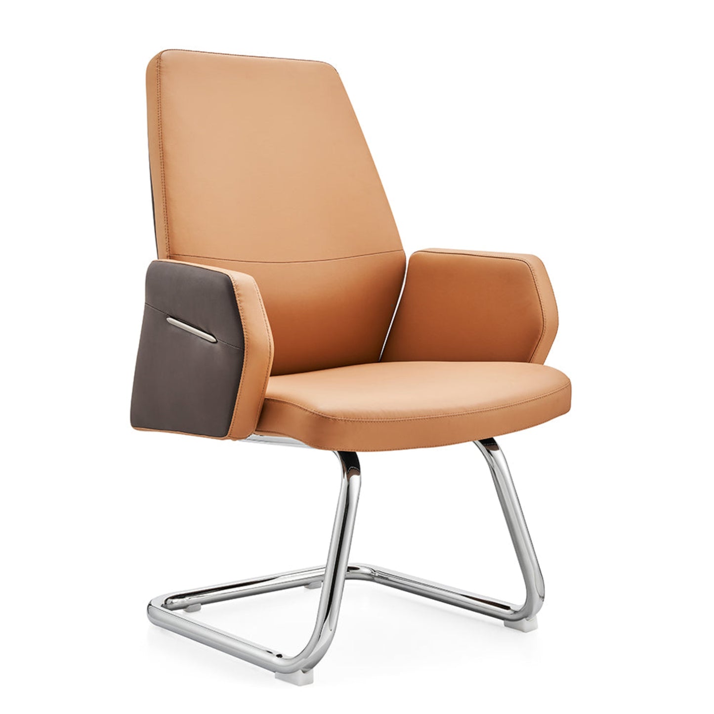Modern brown leather chair with a metal frame on a white background