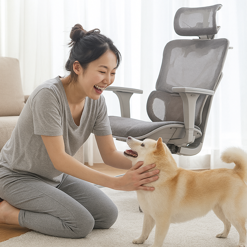 Woman petting a dog in a modern living room with a chair in the background