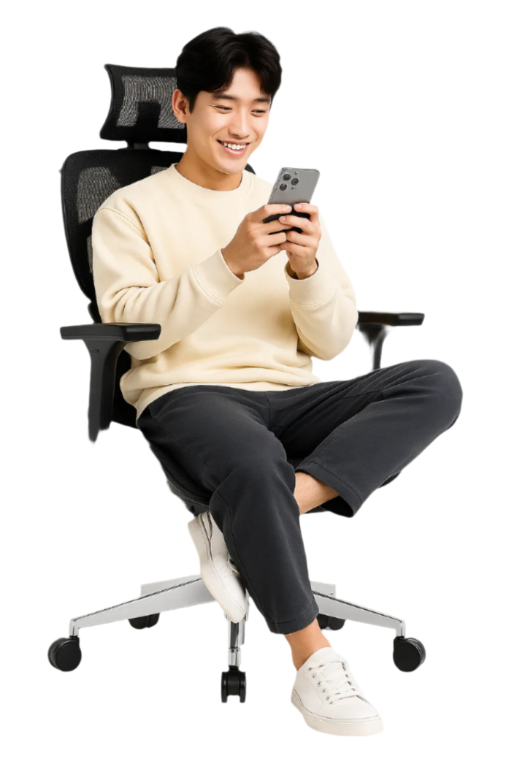 Person sitting on a black office chair using a smartphone on a white background