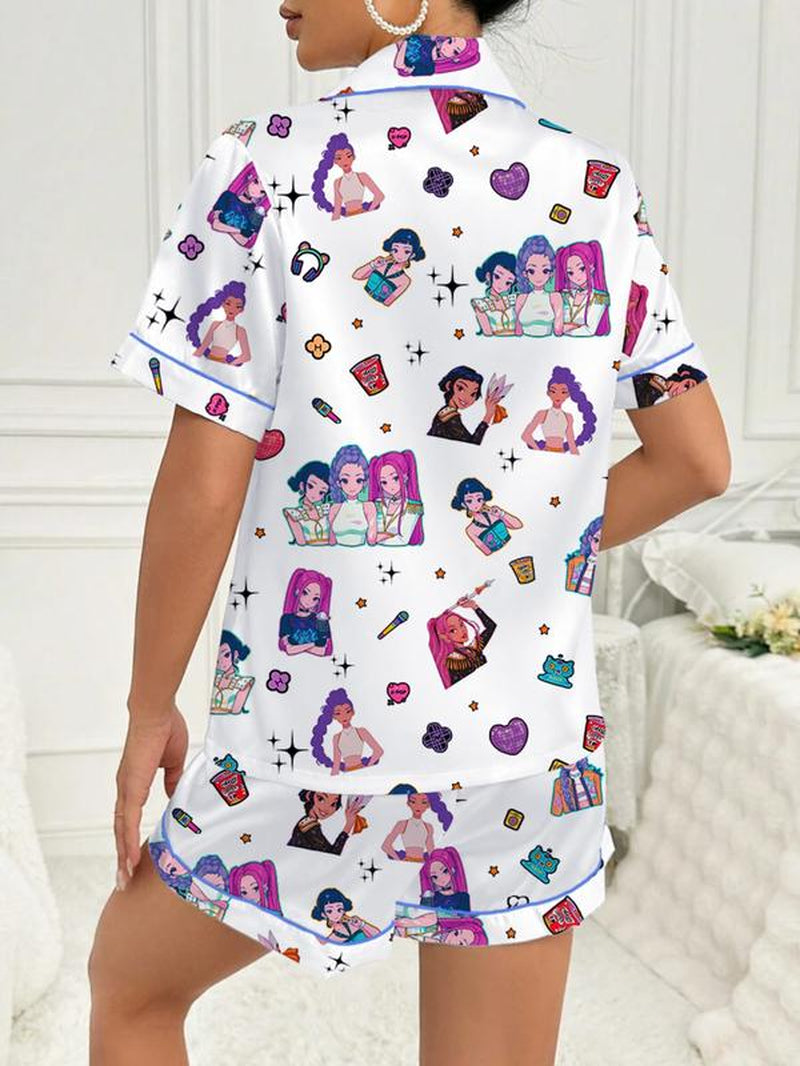 Women'S K-Pop Demon Hunter Tiger Pajama Set, Two-Piece Short Sleeve Button-Up Top & Shorts, Comfortable Home Wear, Netflix Fan Gift