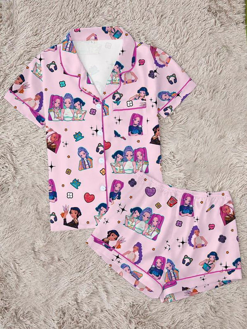 Women'S K-Pop Demon Hunter Tiger Pajama Set, Two-Piece Short Sleeve Button-Up Top & Shorts, Comfortable Home Wear, Netflix Fan Gift