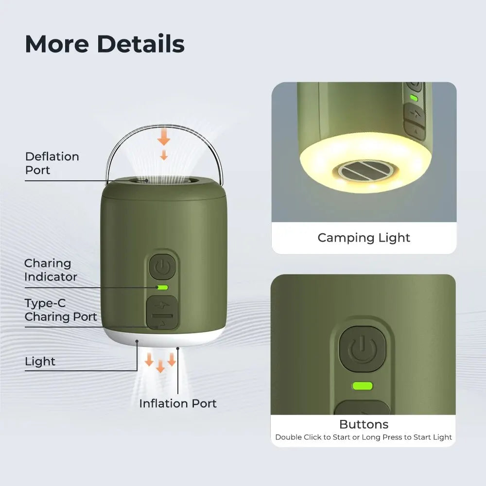 Portable Air Pump, Mini Air Inflator with Camping Light, USB-C Charging, for Sleeping Pads, Air Mattress, Vacuum Bags