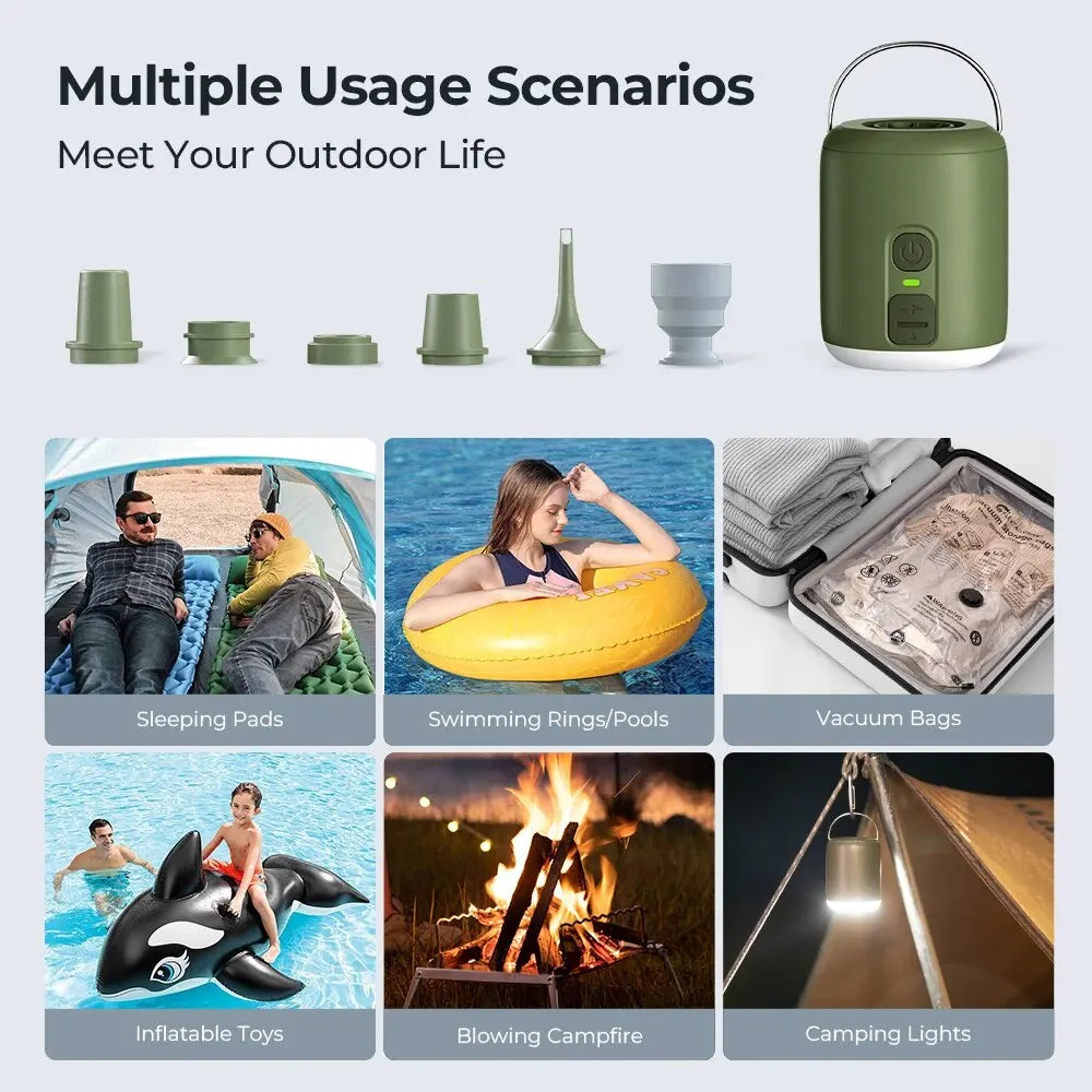 Portable Air Pump, Mini Air Inflator with Camping Light, USB-C Charging, for Sleeping Pads, Air Mattress, Vacuum Bags