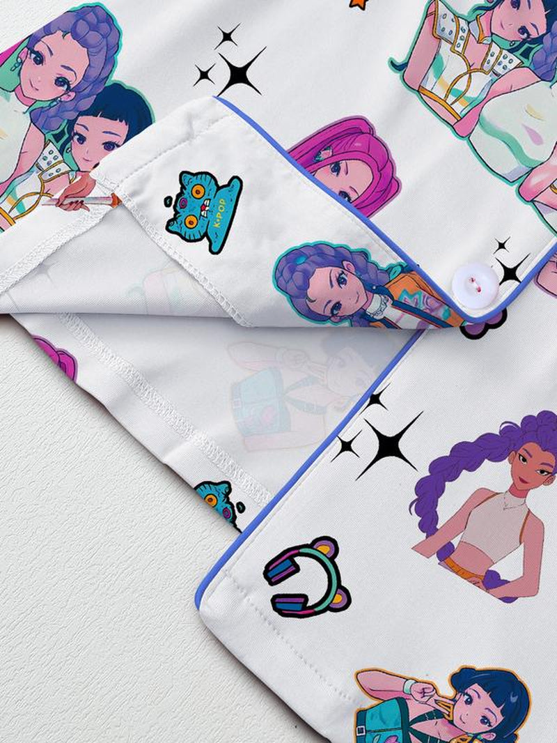 Women'S K-Pop Demon Hunter Tiger Pajama Set, Two-Piece Short Sleeve Button-Up Top & Shorts, Comfortable Home Wear, Netflix Fan Gift