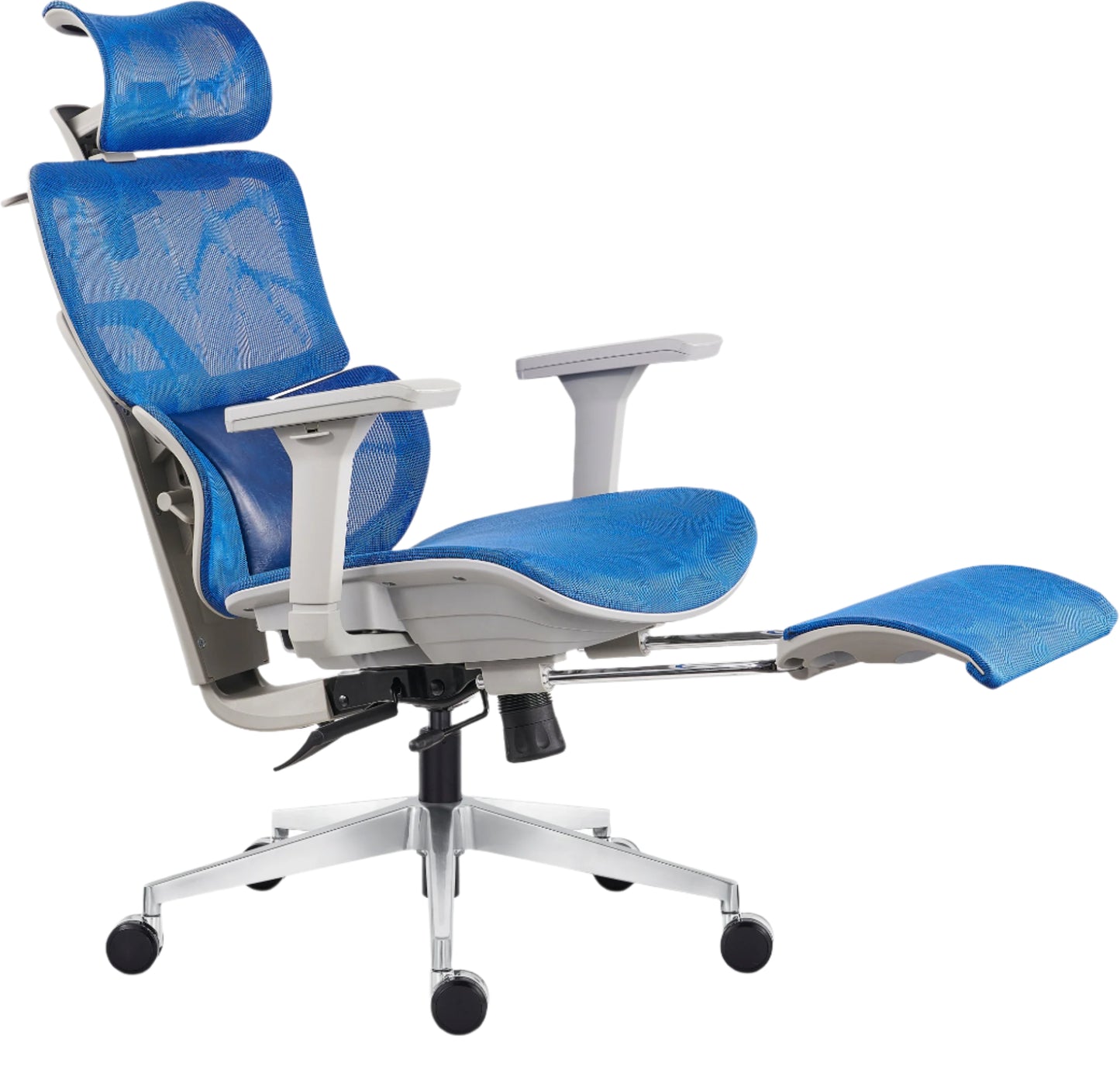 Blue office chair with ergonomic design on a white background