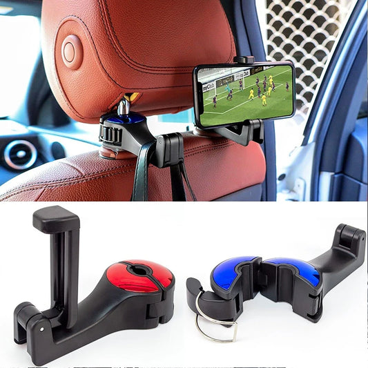 1Pc with Phone Holder 360° Rotation Car Seat Back Hooks Auto Headrest Hanging Clothes Umbrella Stand Support Hook Car Supplies