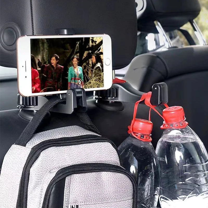 1Pc with Phone Holder 360° Rotation Car Seat Back Hooks Auto Headrest Hanging Clothes Umbrella Stand Support Hook Car Supplies