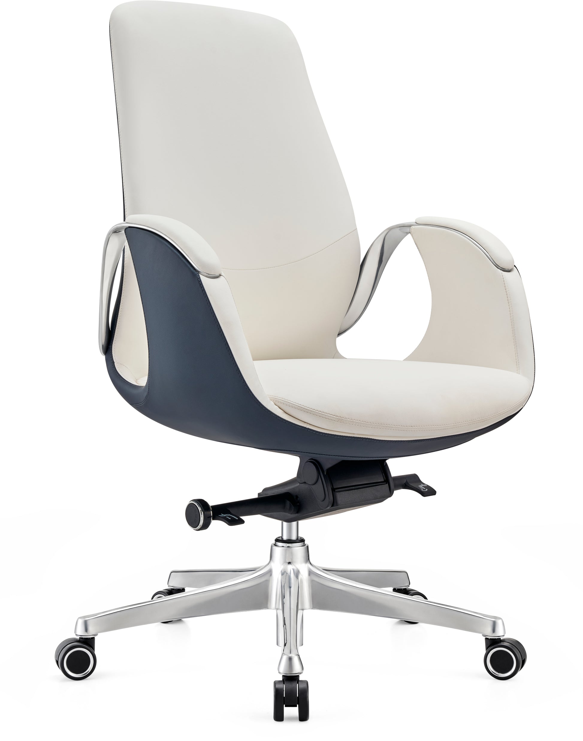 Modern office chair with white seat and backrest on a white background