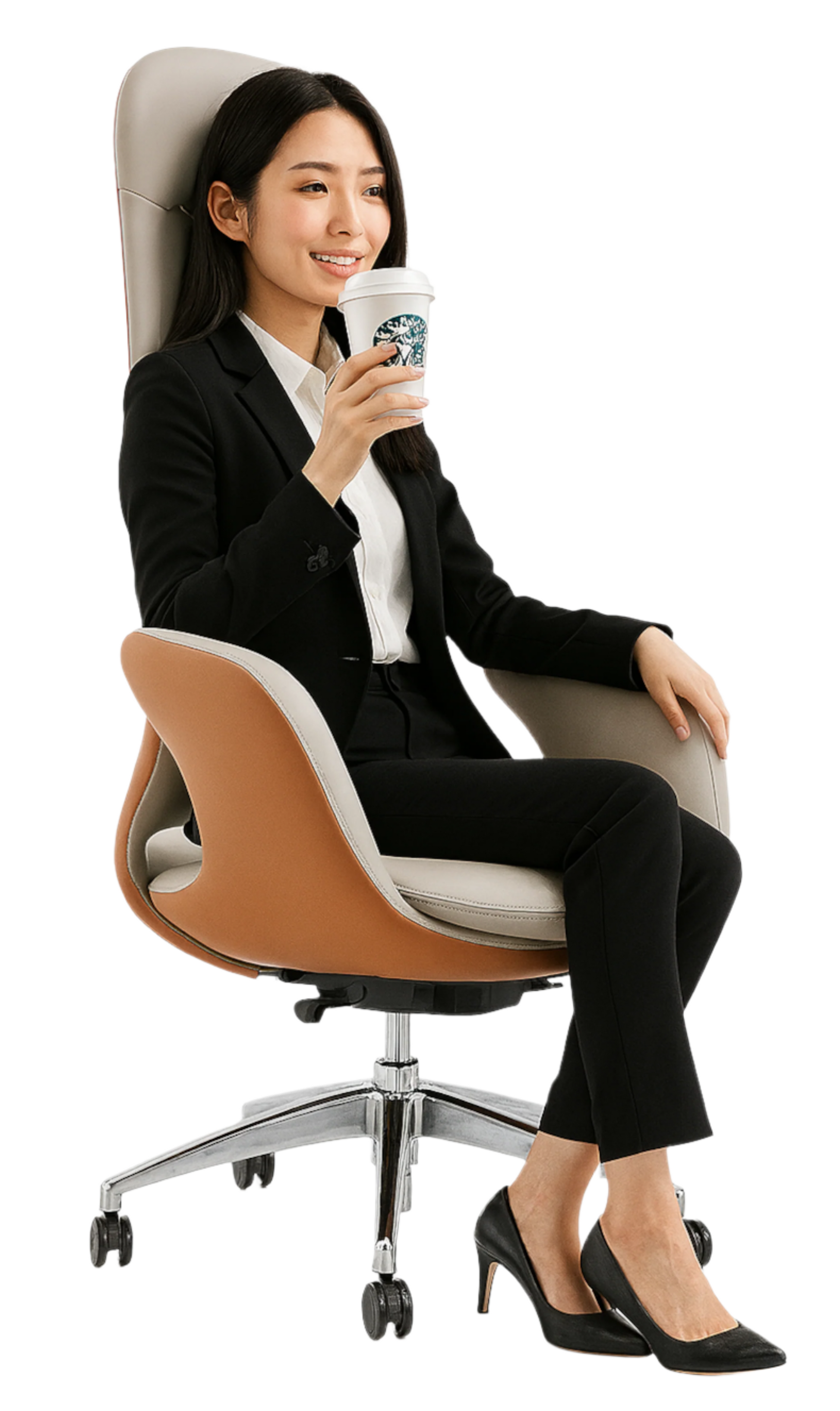 Woman in a black suit sitting on a modern office chair holding a coffee cup.