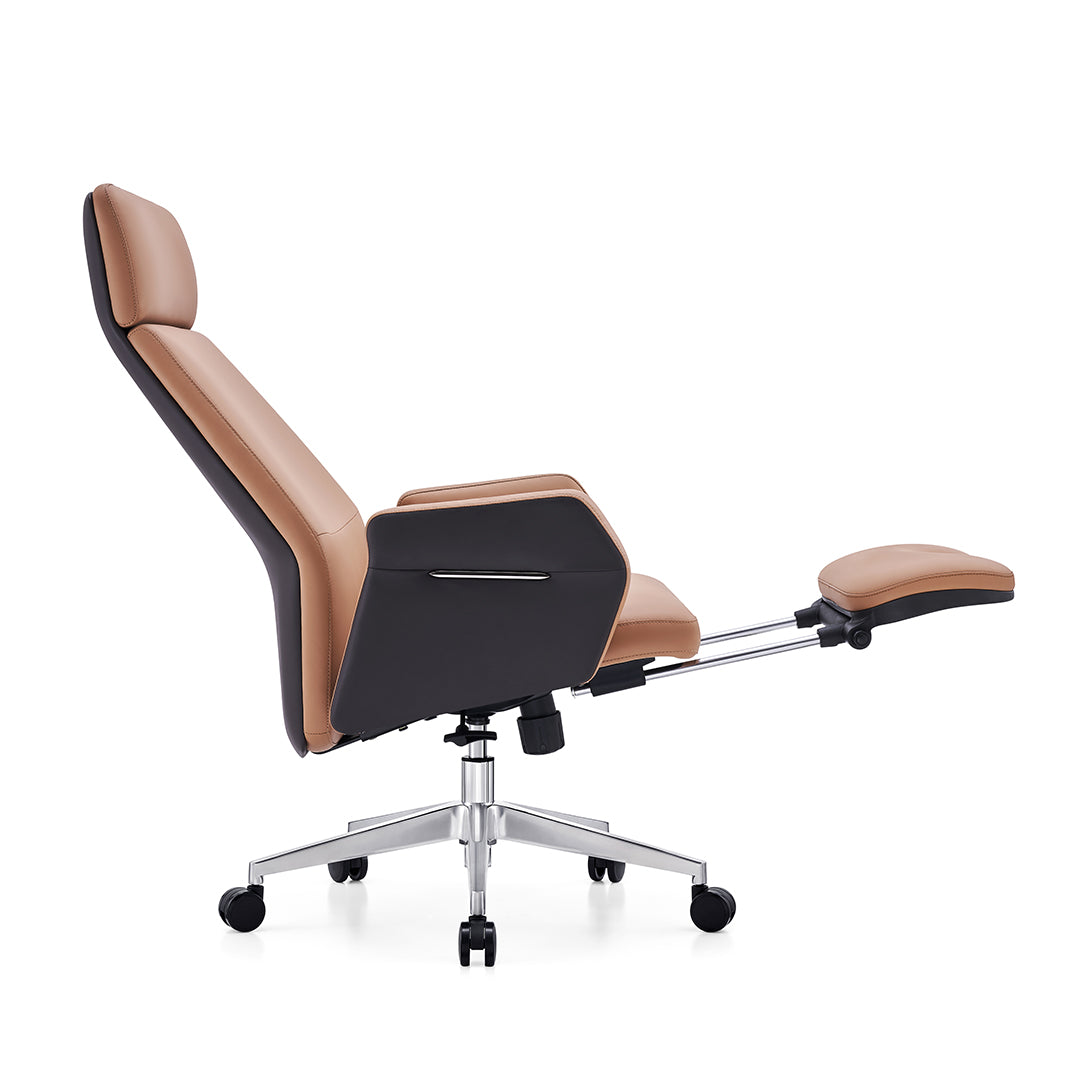 Brown office chair with ottoman on a white background