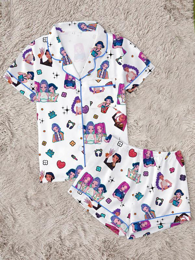 Women'S K-Pop Demon Hunter Tiger Pajama Set, Two-Piece Short Sleeve Button-Up Top & Shorts, Comfortable Home Wear, Netflix Fan Gift
