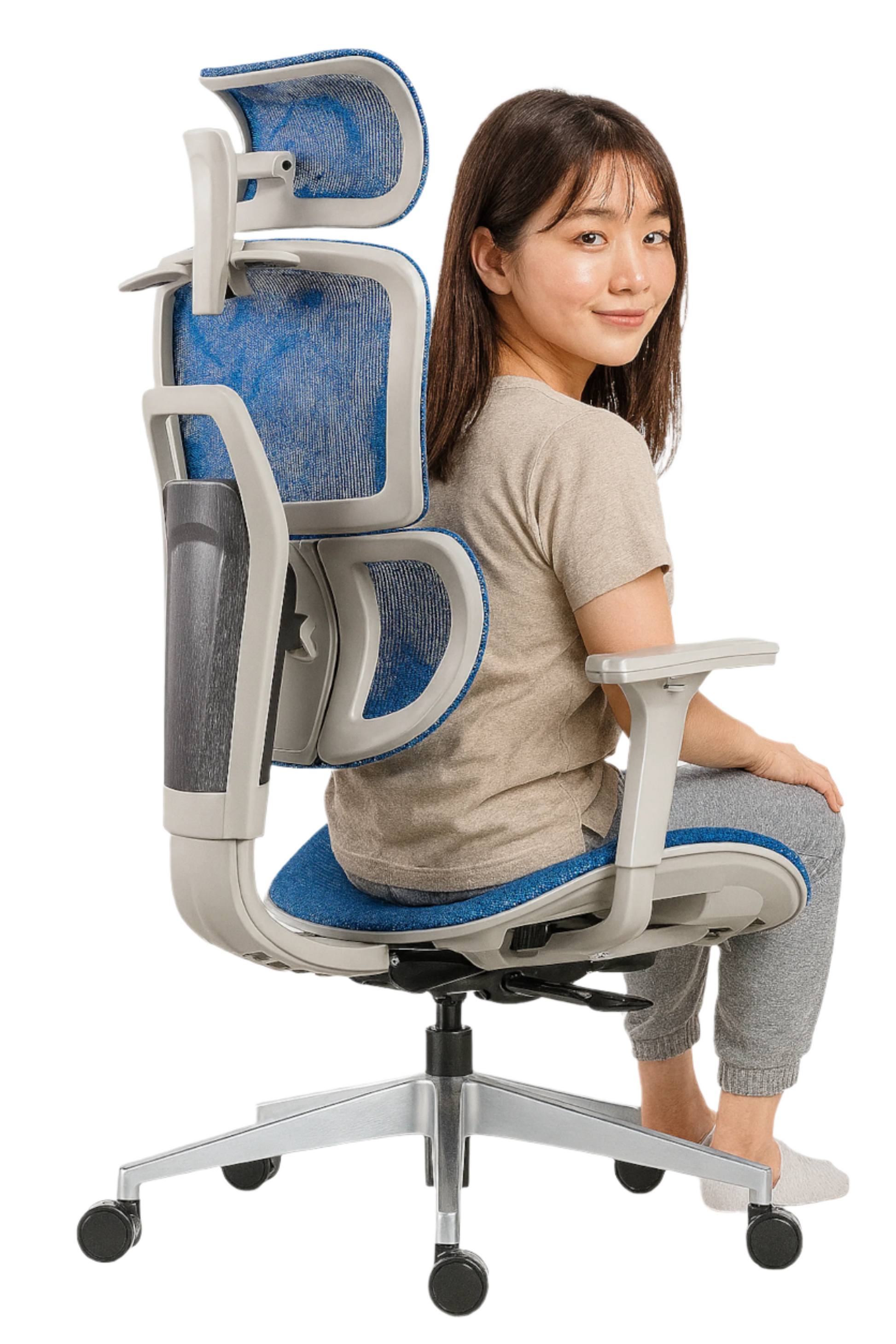 Person sitting on a ergonomic office chair with blue and gray design