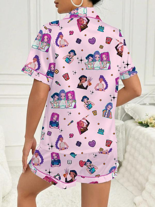 Women'S K-Pop Demon Hunter Tiger Pajama Set, Two-Piece Short Sleeve Button-Up Top & Shorts, Comfortable Home Wear, Netflix Fan Gift