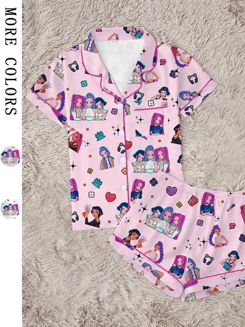 Women'S K-Pop Demon Hunter Tiger Pajama Set, Two-Piece Short Sleeve Button-Up Top & Shorts, Comfortable Home Wear, Netflix Fan Gift
